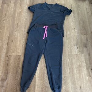 Figs Navy Scrub Set with Pink Drawstring
